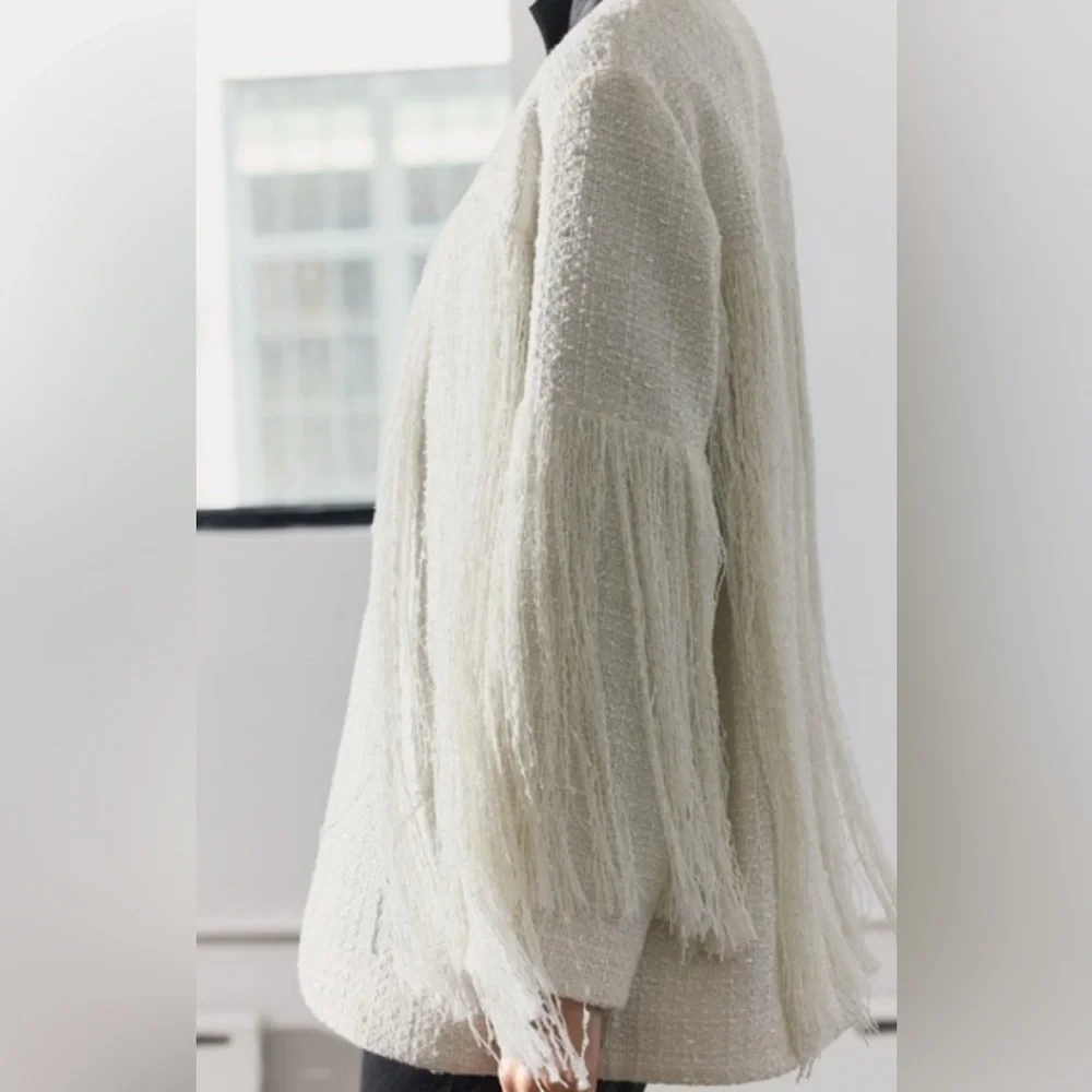 ZARA ZW Collection RARE Textured Fringe Jacket Wool Blend Size M NEW